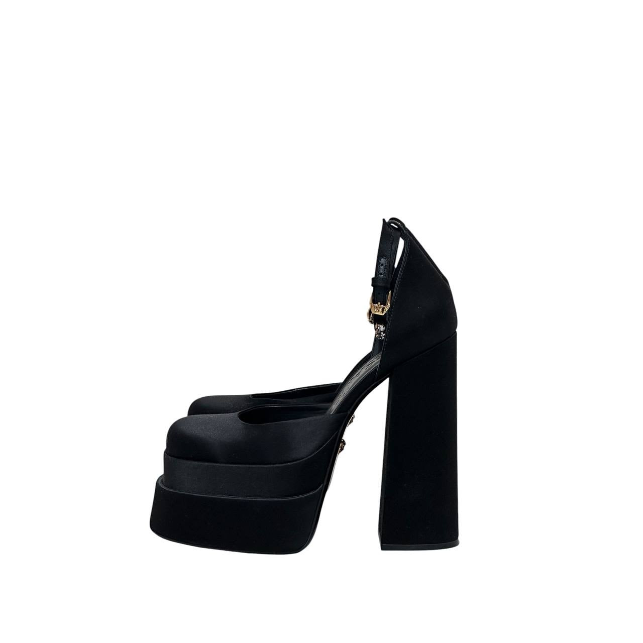 Versace La Medusa Crystal Satin Block Heel Pumps Sz 38 pre-owned