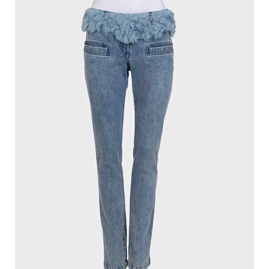 Chanel Light Blue Straight Fur Trim Jeans Sz.38 Pre-owned