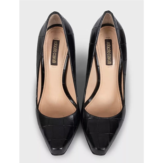 Roberto Cavalli Black Embossed Leather Block Heel Pumps Sz.36 Pre-owned