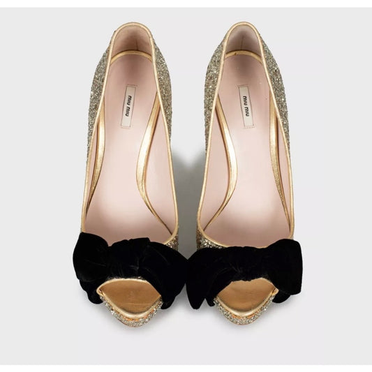 Miu Miu Gold Leather Peep-Toe Heels with Velvet Bow Sz.38 pre-owned