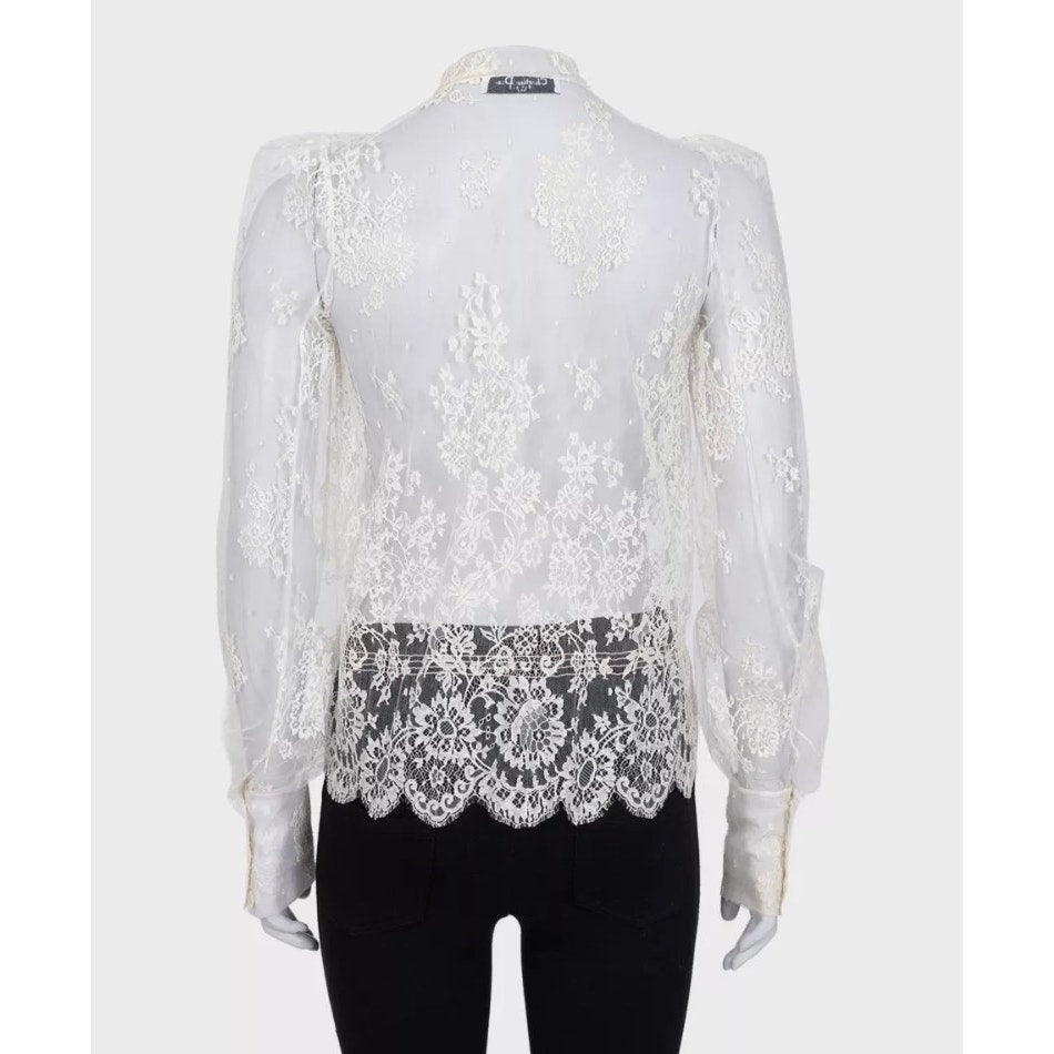 Christian Dior Vintage White Sheer Tie Neck Blouse Long Sleeve S Pre-owned