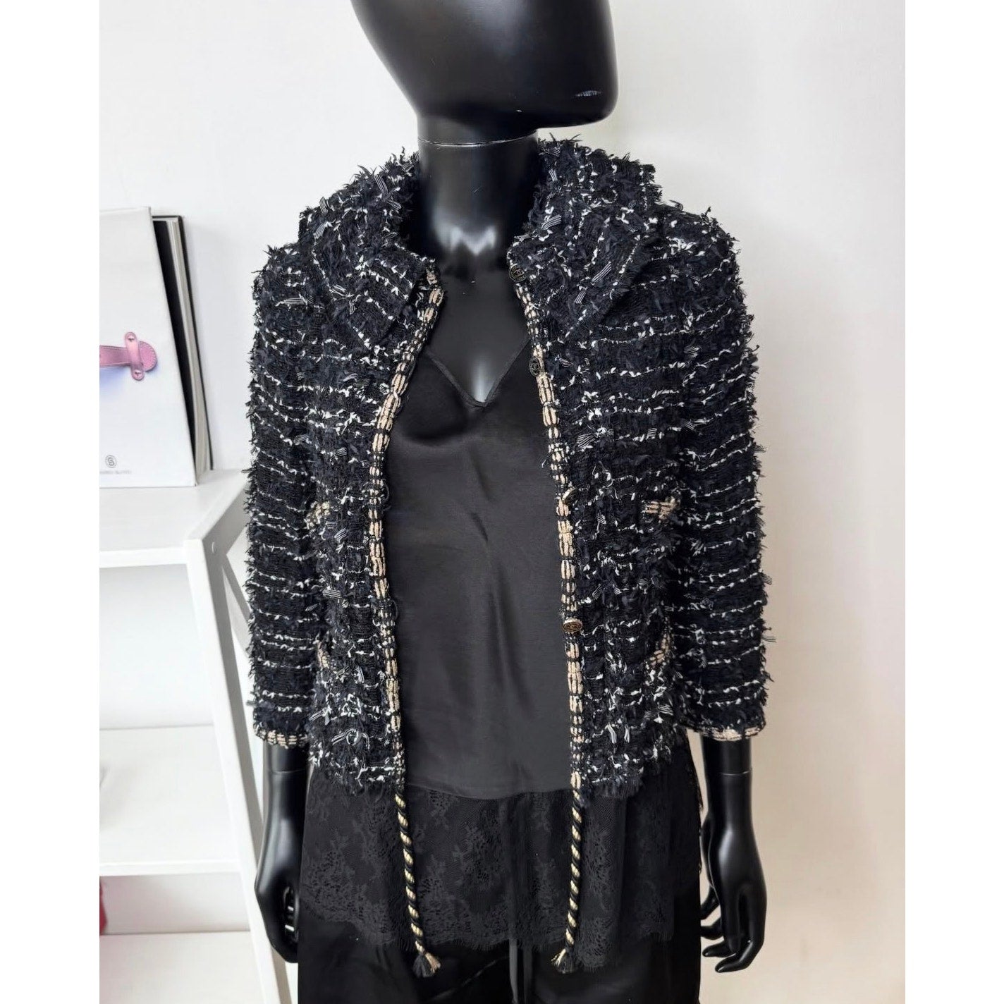 Chanel SS06 Fantasy Tweed Black Rope Trim Jacket Sz.38 Pre-owned