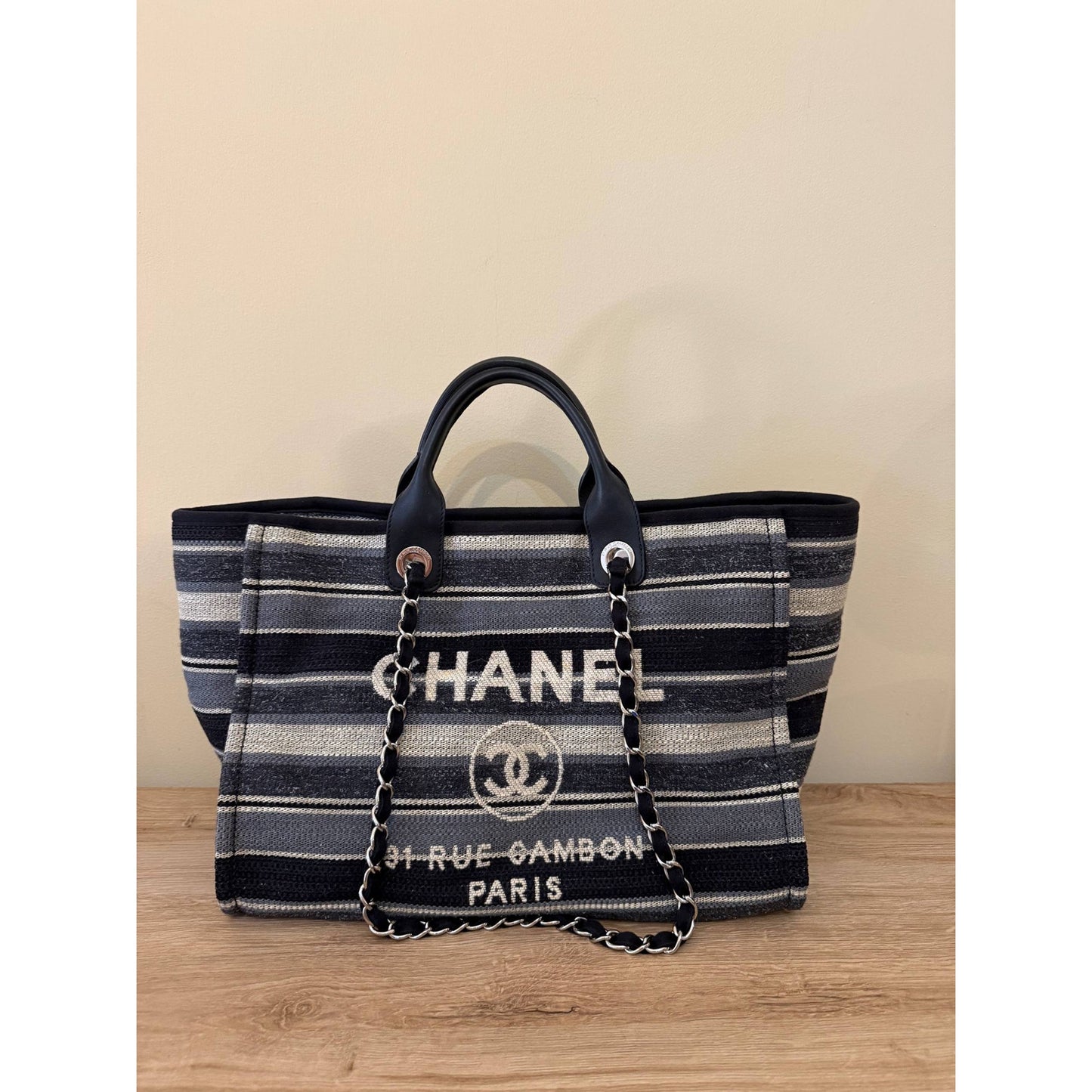Chanel Deauville Striped Cloth Large Tote Bag Pre-owned