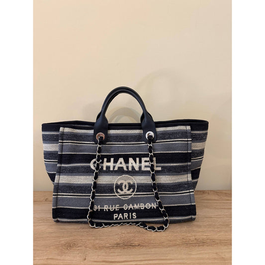 Chanel Deauville Striped Cloth Large Tote Bag Pre-owned