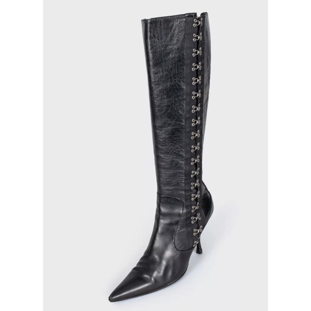 Dolce & Gabbana Black Leather Knee-High Stiletto Boots Sz.38 Pre-owned