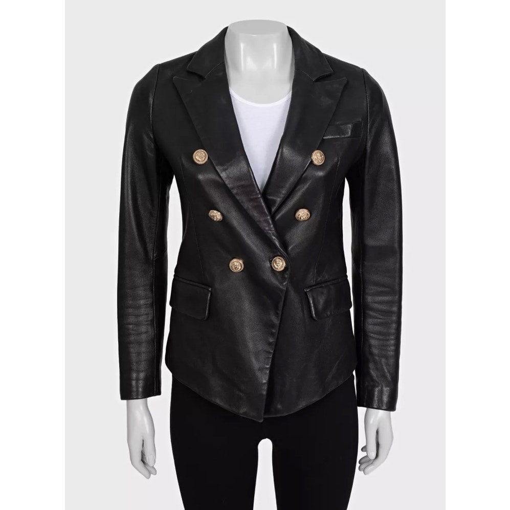 Balmain Black Leather Double-Breasted Jacket Sz.40 Pre-owned