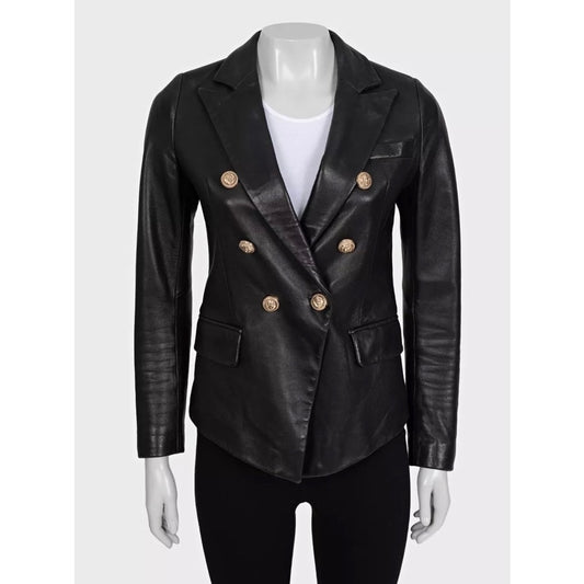 Balmain Black Leather Double-Breasted Jacket Sz.40 Pre-owned