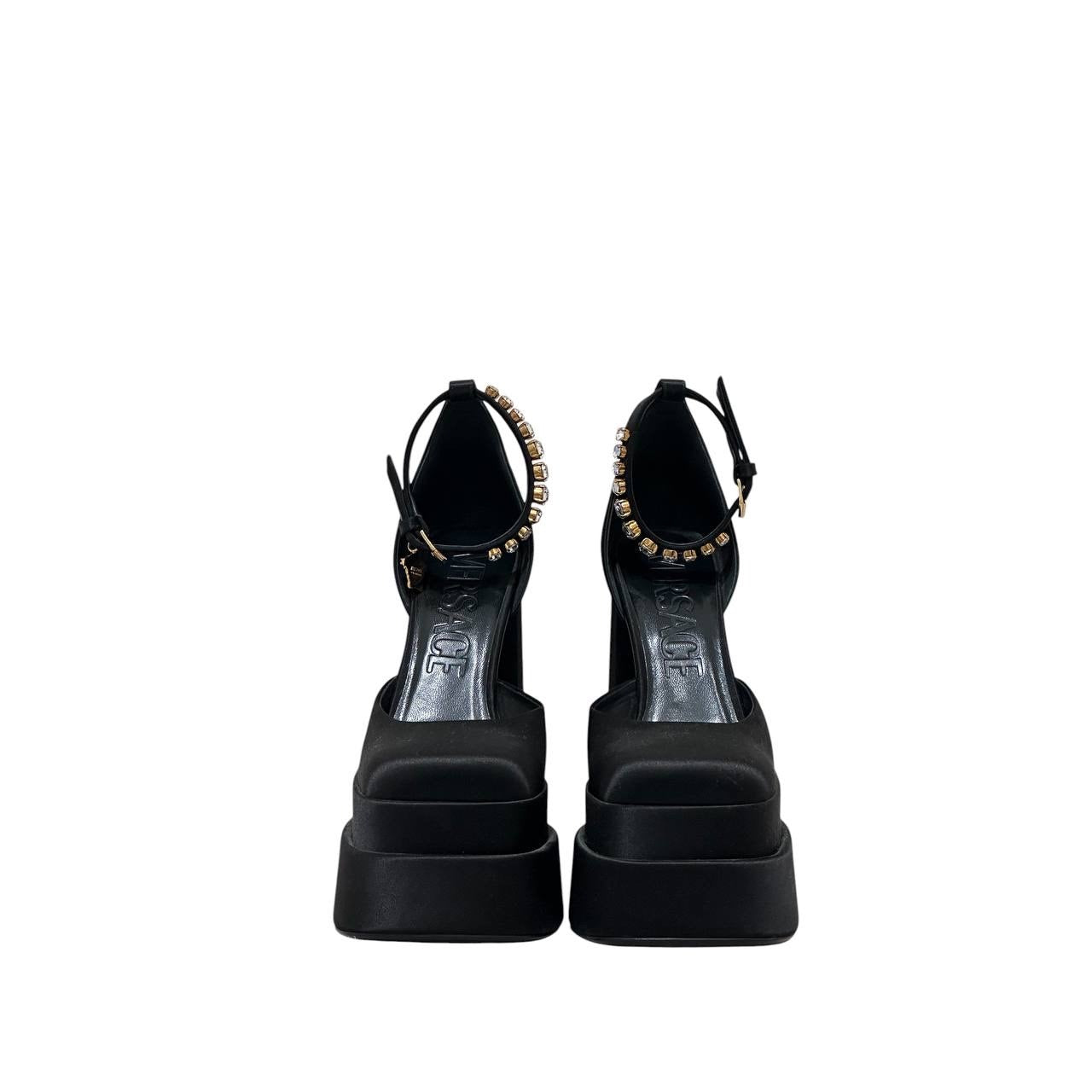 Versace La Medusa Crystal Satin Block Heel Pumps Sz 38 pre-owned