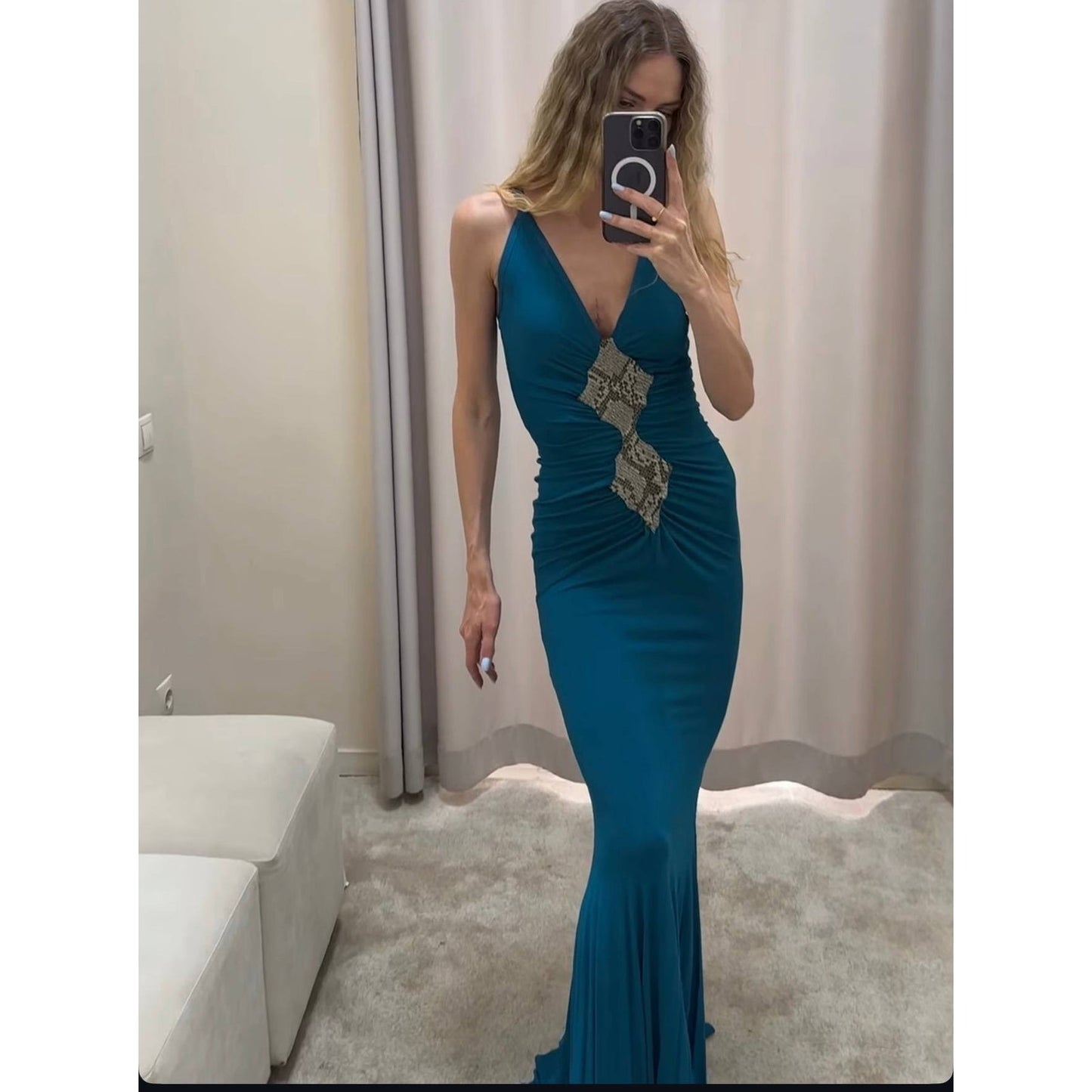 Roberto Cavalli Green Silk Maxi Dress Size 40 Pre-owned
