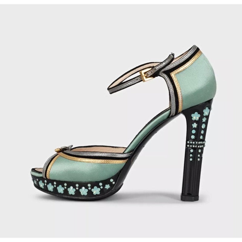 Prada Light Blue Textile Heeled Sandals with Crystal Heel Sz.37.5 Pre-owned