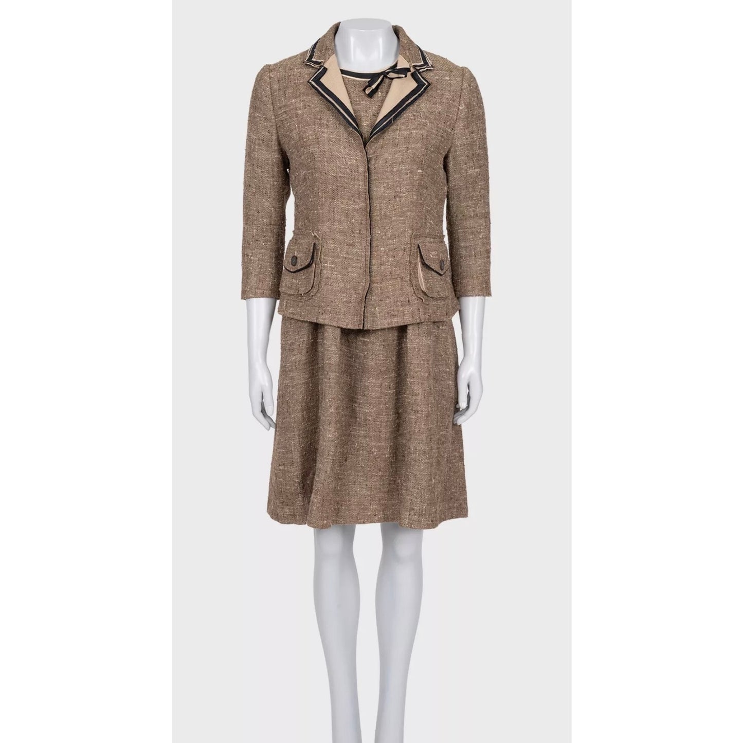 Elegant Prada Brown Silk Blend Dress & Jacket Set Sz.44 Pre-owned