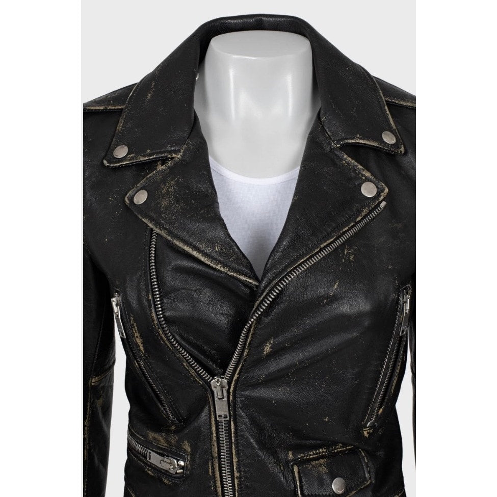 Saint Laurent Distressed Black Leather Jacket - Size 38/M Pre-owned