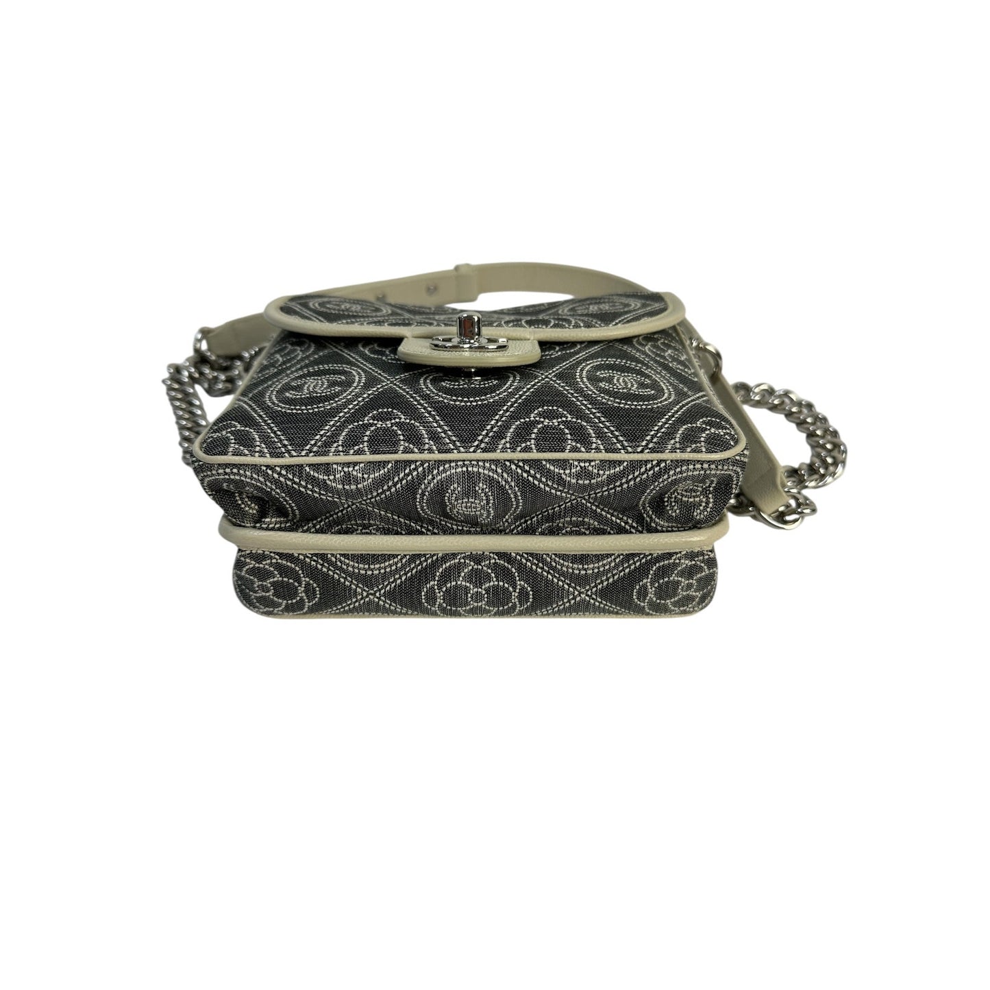 Chanel Camellia Double Side Flap Bag Quilted Printed Canvas Small Gray pre-owned