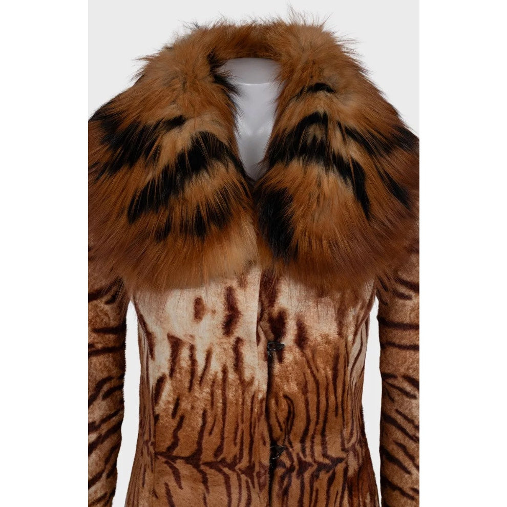 Roberto Cavalli Tiger Print Leather Coat Fur Collar XS pre-owned