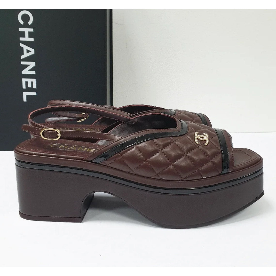 Chanel Burgundy Quilted Platform Slingback Sandals 40.5 Pre-owned