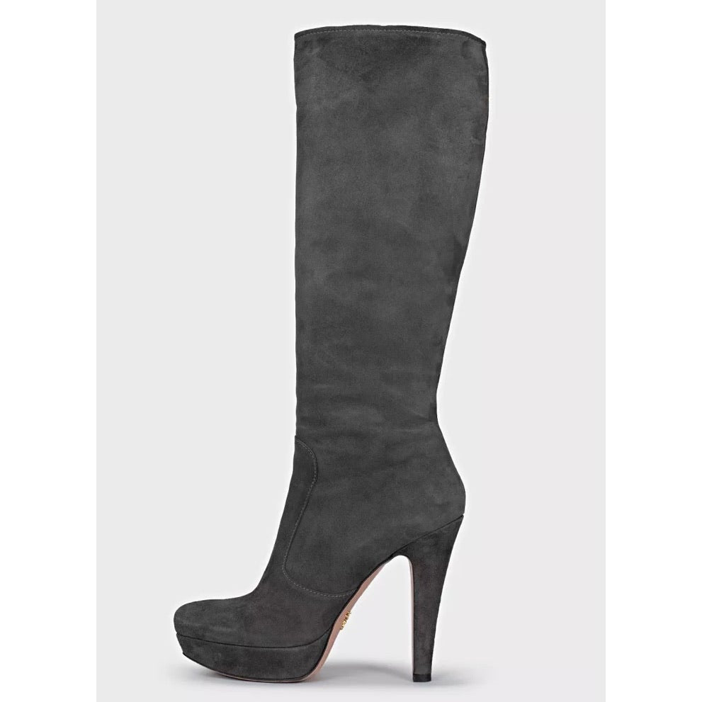 Prada Grey Suede Knee-High Boots - Pointed Toe Stiletto EU 40 Pre-owned