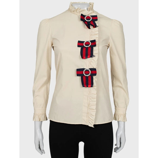 Gucci Crystal Bow Beige Cotton Shirt - Size XS (IT 38) pre-owned