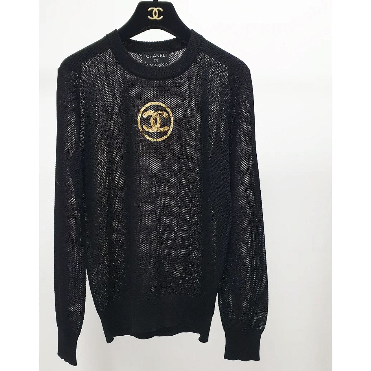 Chanel Black CC Logo Jumper with Net Sleeves - Size S Pre-owned