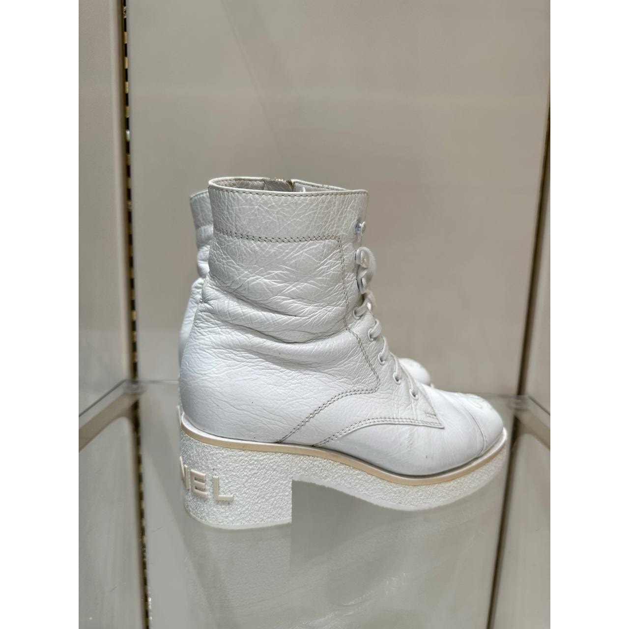 CHANEL 'Ready Steady' White Leather Lace-Up Boots 37.5 Pre-owned
