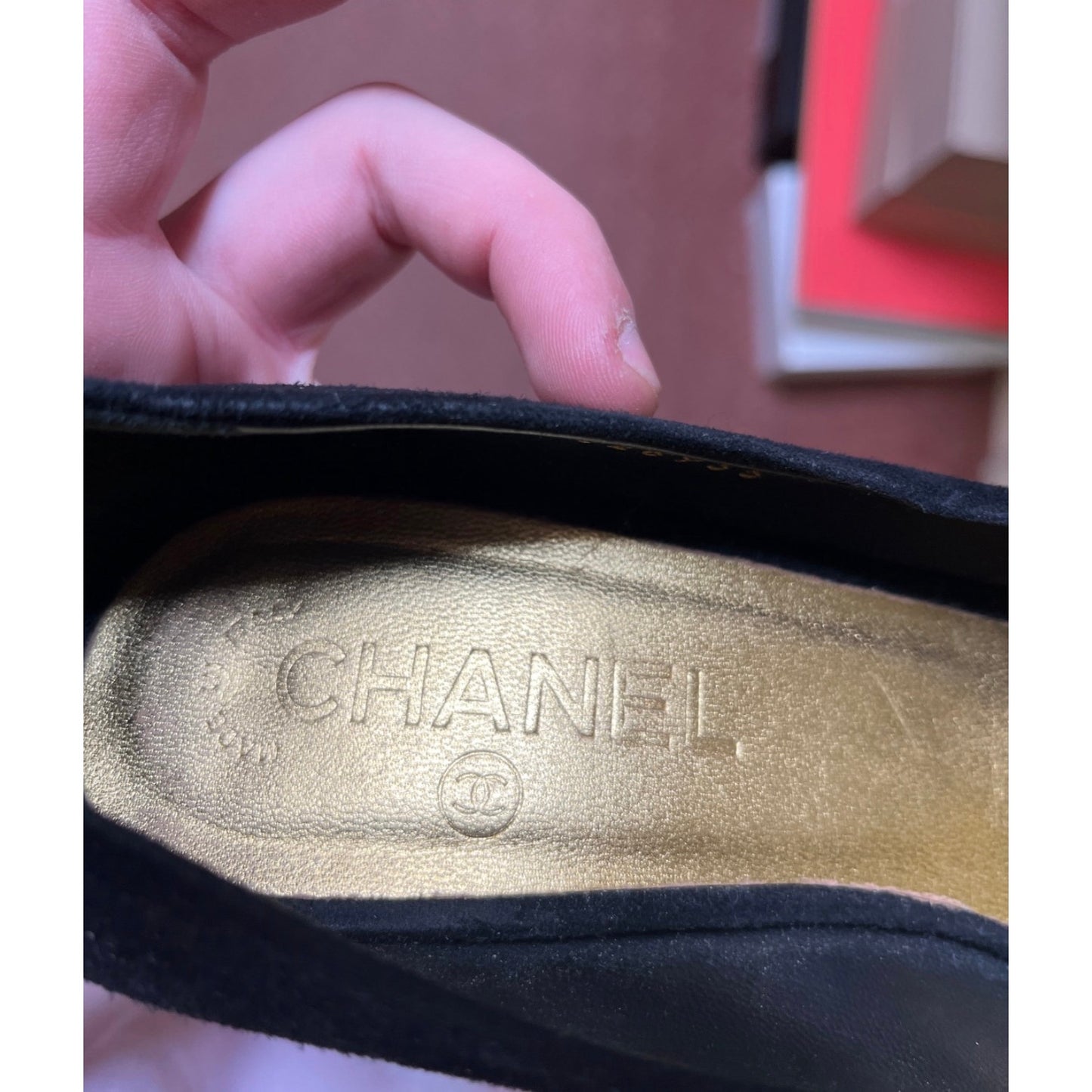 Chanel Black Suede Gold Accent Open Toe Pumps Sz 40 Pre-owned