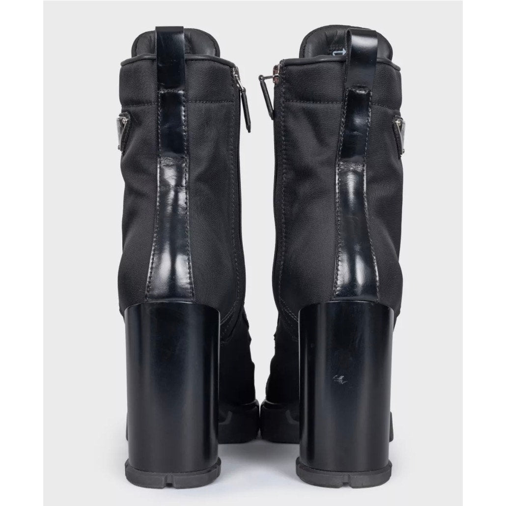 Prada Black Re-Nylon & Leather Ankle Boots Logo High Heel EU 38 Pre-owned