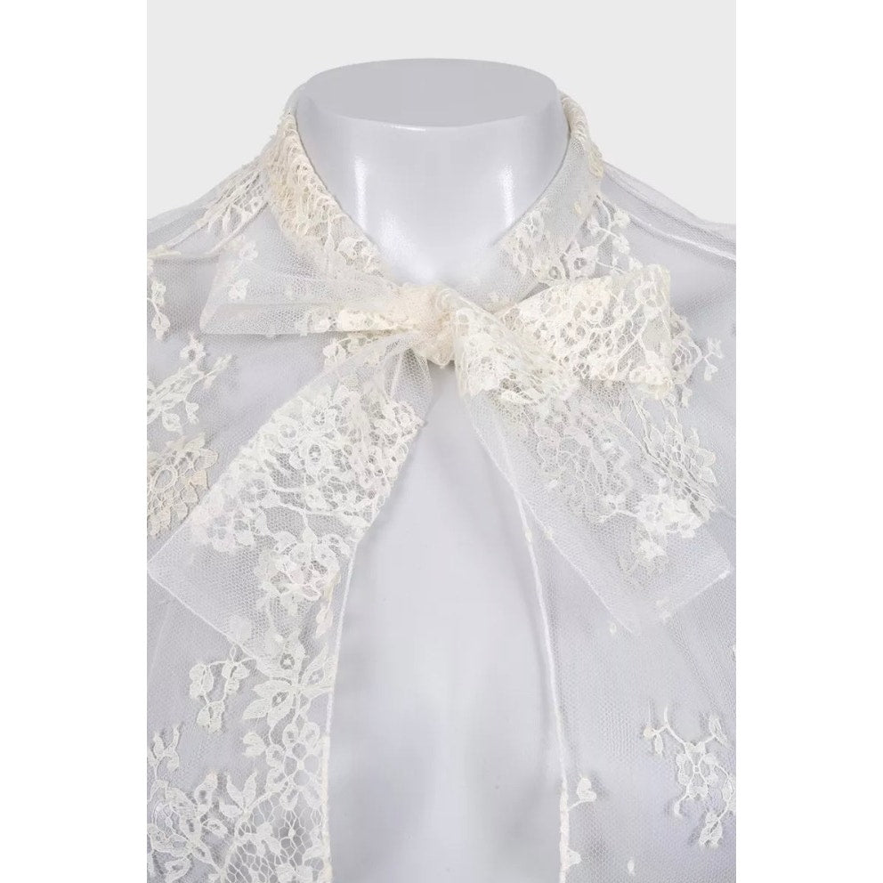 Christian Dior Vintage White Sheer Tie Neck Blouse Long Sleeve S Pre-owned