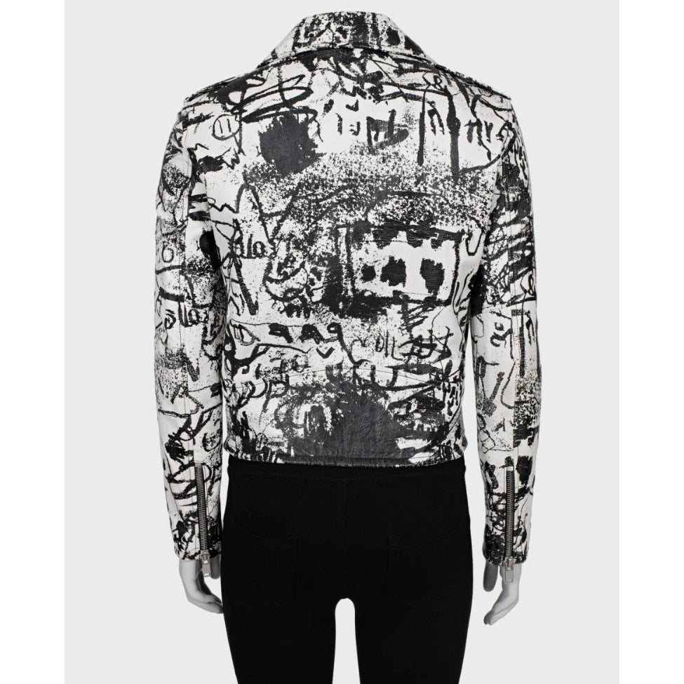 Saint Laurent Leather Printed Biker Jacket Sz.42 Pre-owned