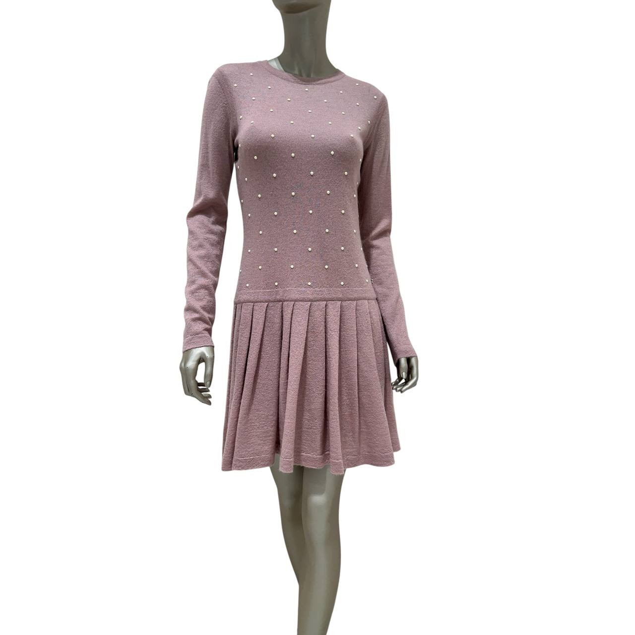 CHANEL 2014 Pink & White Pearl Mohair-Cashmere Dress Sz.38 pre-owned