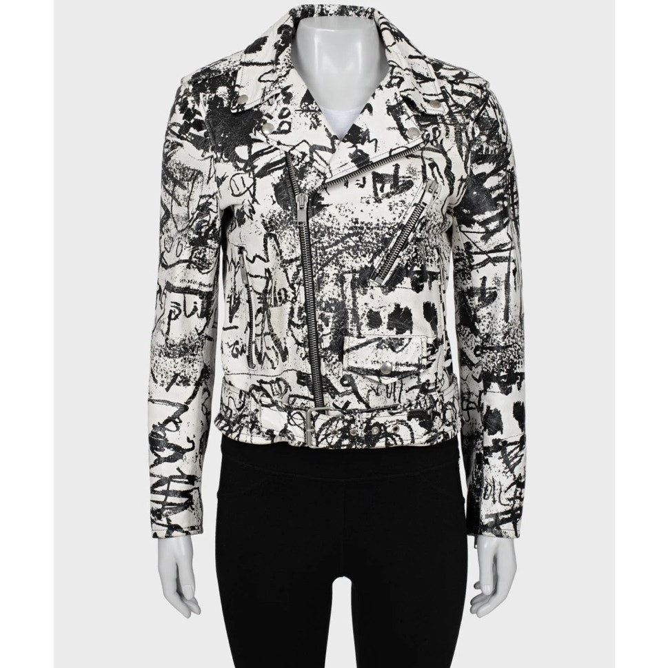 Saint Laurent Leather Printed Biker Jacket Sz.42 Pre-owned