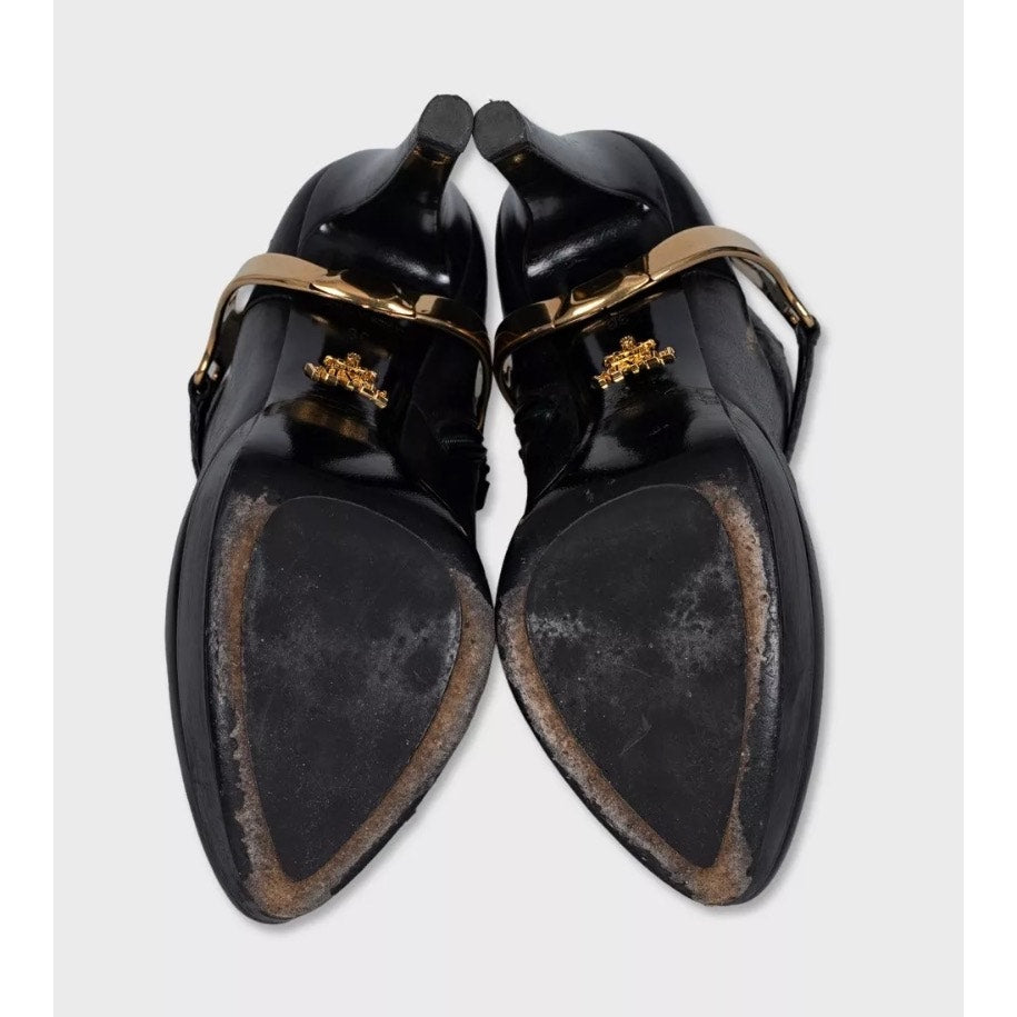 Prada Black Leather Ankle Boots with Gold Hardware, Size 36 Pre-owned