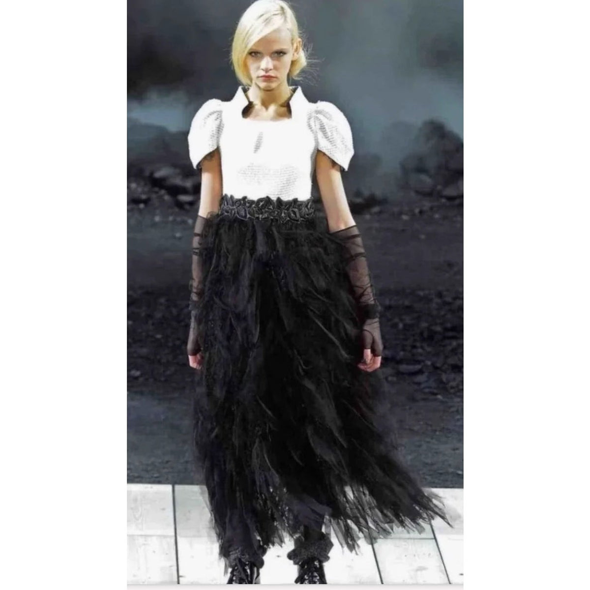 Stunning Chanel 11A Black & Ivory Feather Maxi Dress Sz.38 Pre-owned
