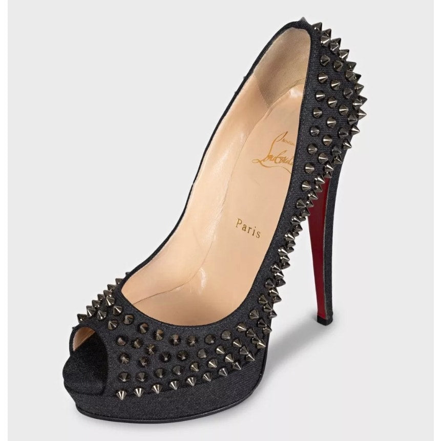 Christian Louboutin Blue Denim Lady Peep Spikes Heels - Size 39.5 Pre-owned