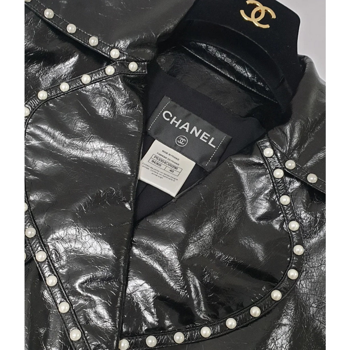 Chanel Black Leather Pearl Studded Jacket - Size 40 pre-owned