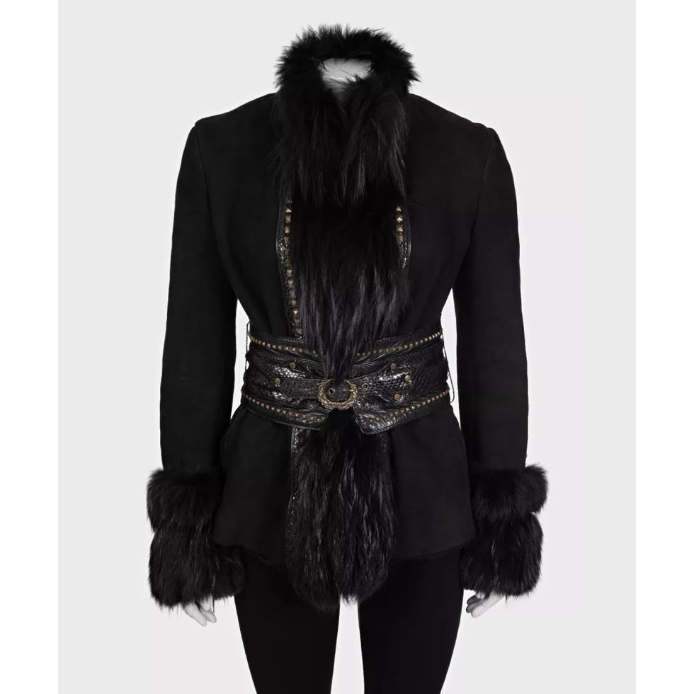 Roberto Cavalli Black Leather Shearling Jacket Fox Fur Trim IT 42 M Pre-owned