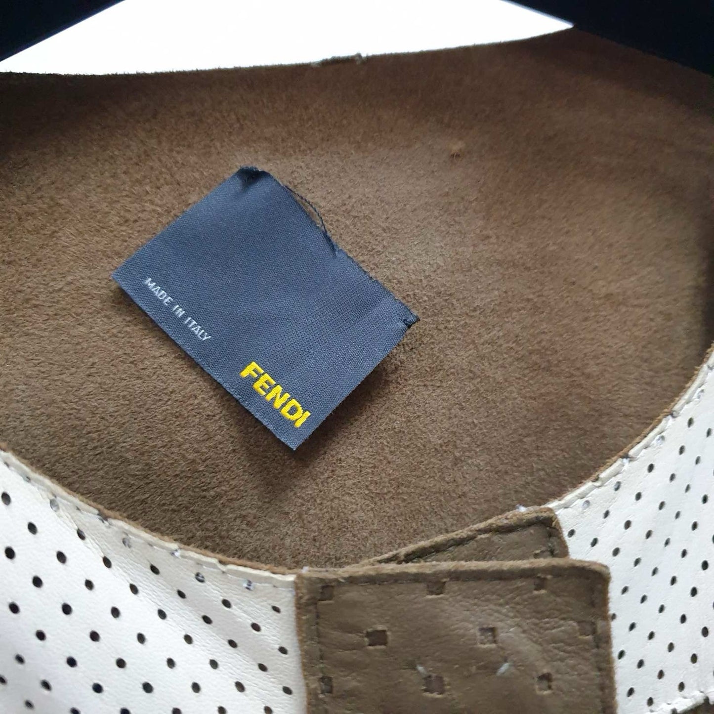 Fendi Brown Beige Ivory Perforated Leather Moto Jacket Sz.40