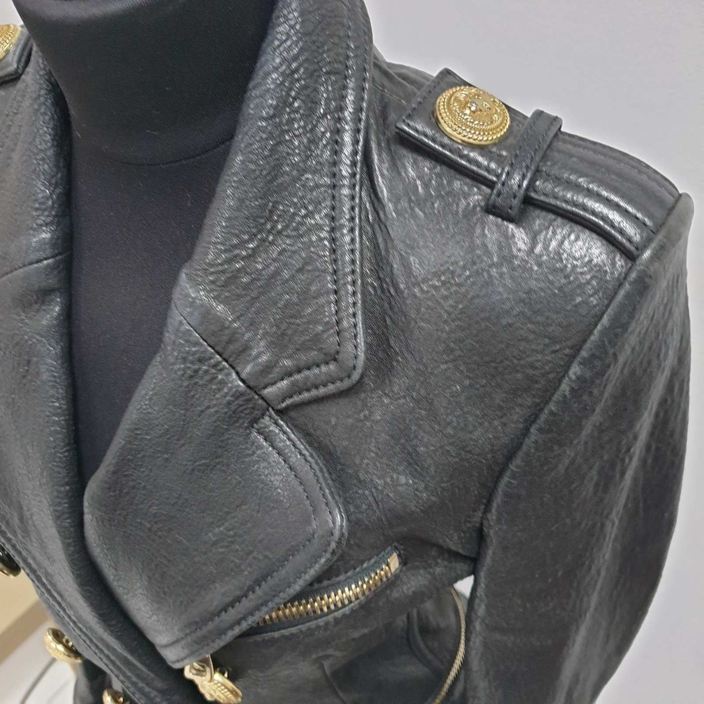 BALMAIN Black Grained Leather Double-Breasted Jacket Sz.38