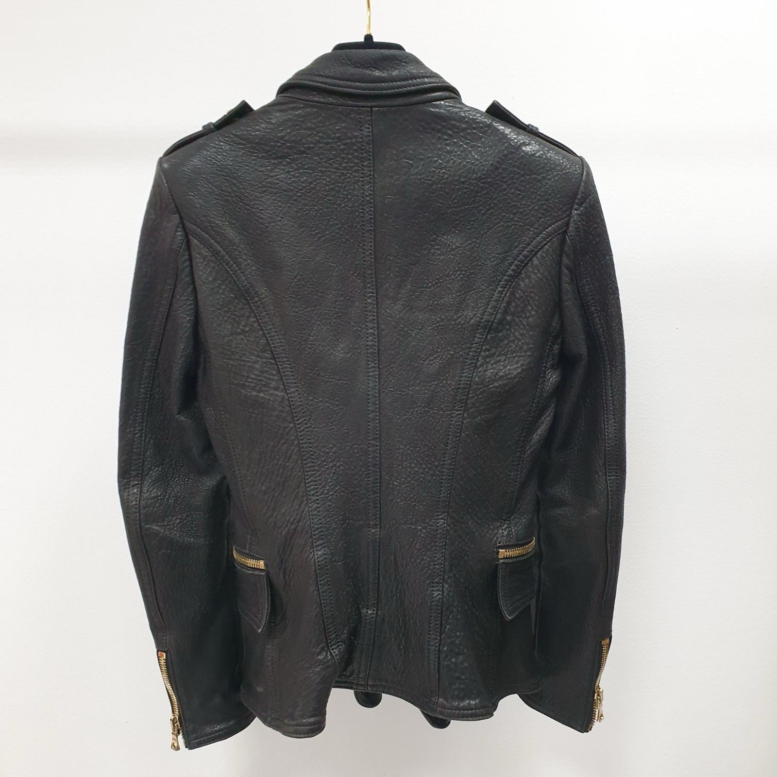 BALMAIN Black Grained Leather Double-Breasted Jacket Sz.38