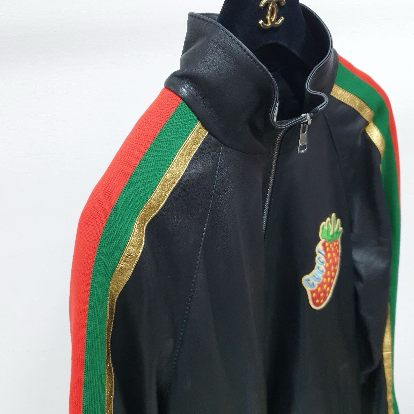 Gucci Black Leather Strawberry Patch Track JacketSz.40