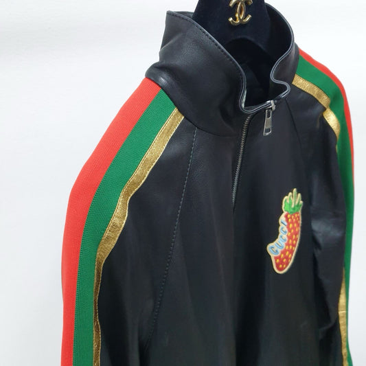Gucci Black Leather Strawberry Patch Track JacketSz.40