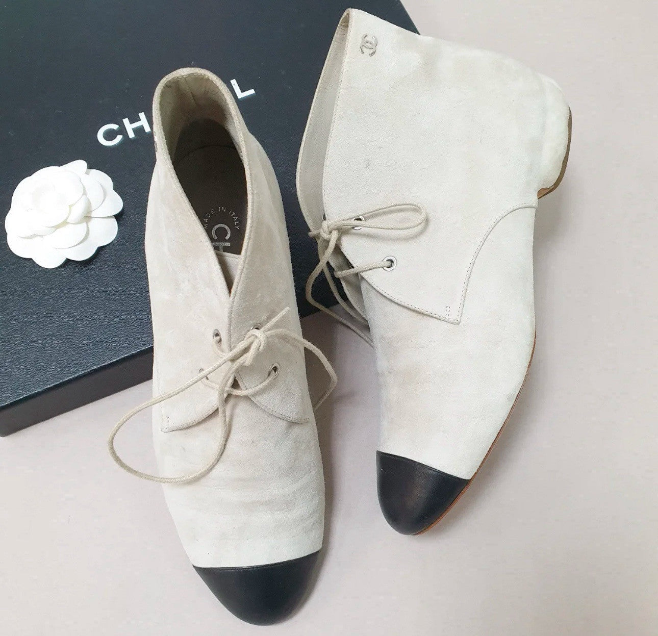 Chanel Gray Suede Lace Up Ankle Boots Booties Sz.39