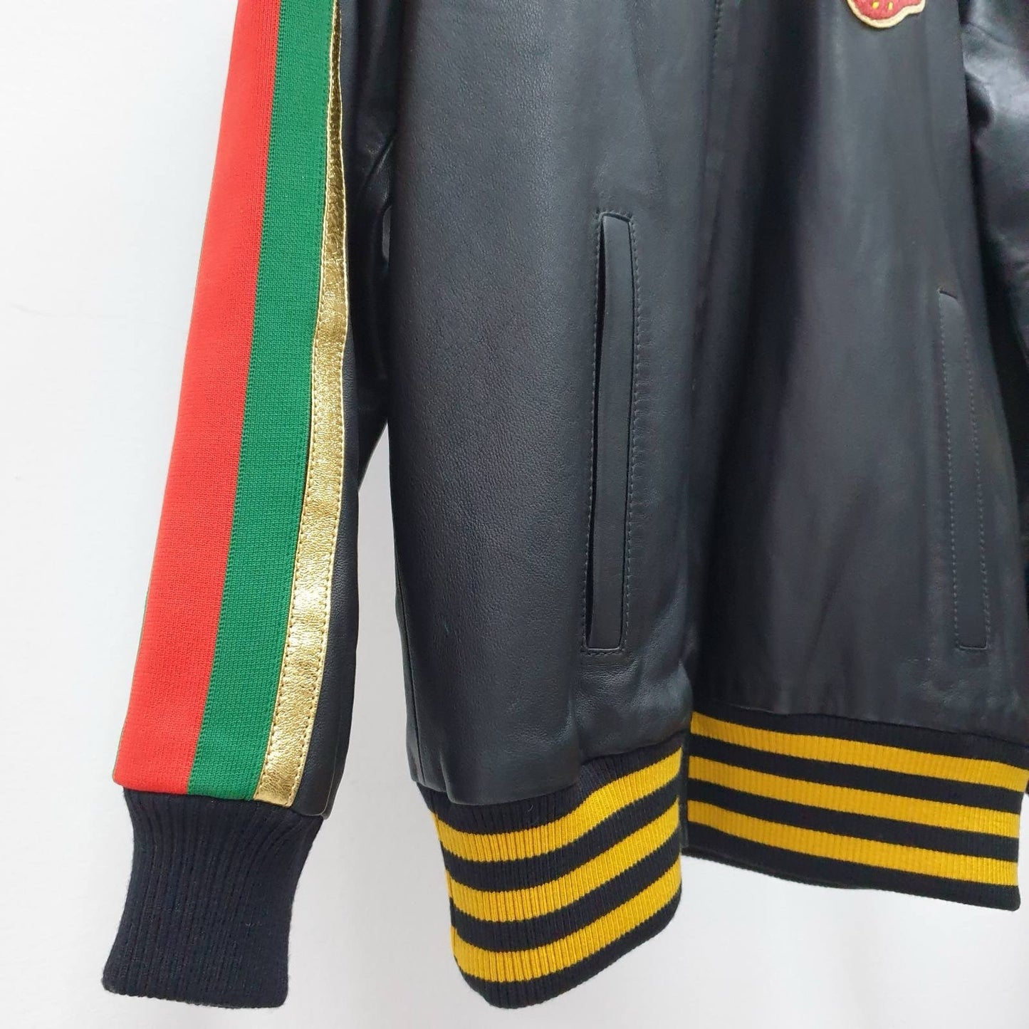 Gucci Black Leather Strawberry Patch Track JacketSz.40