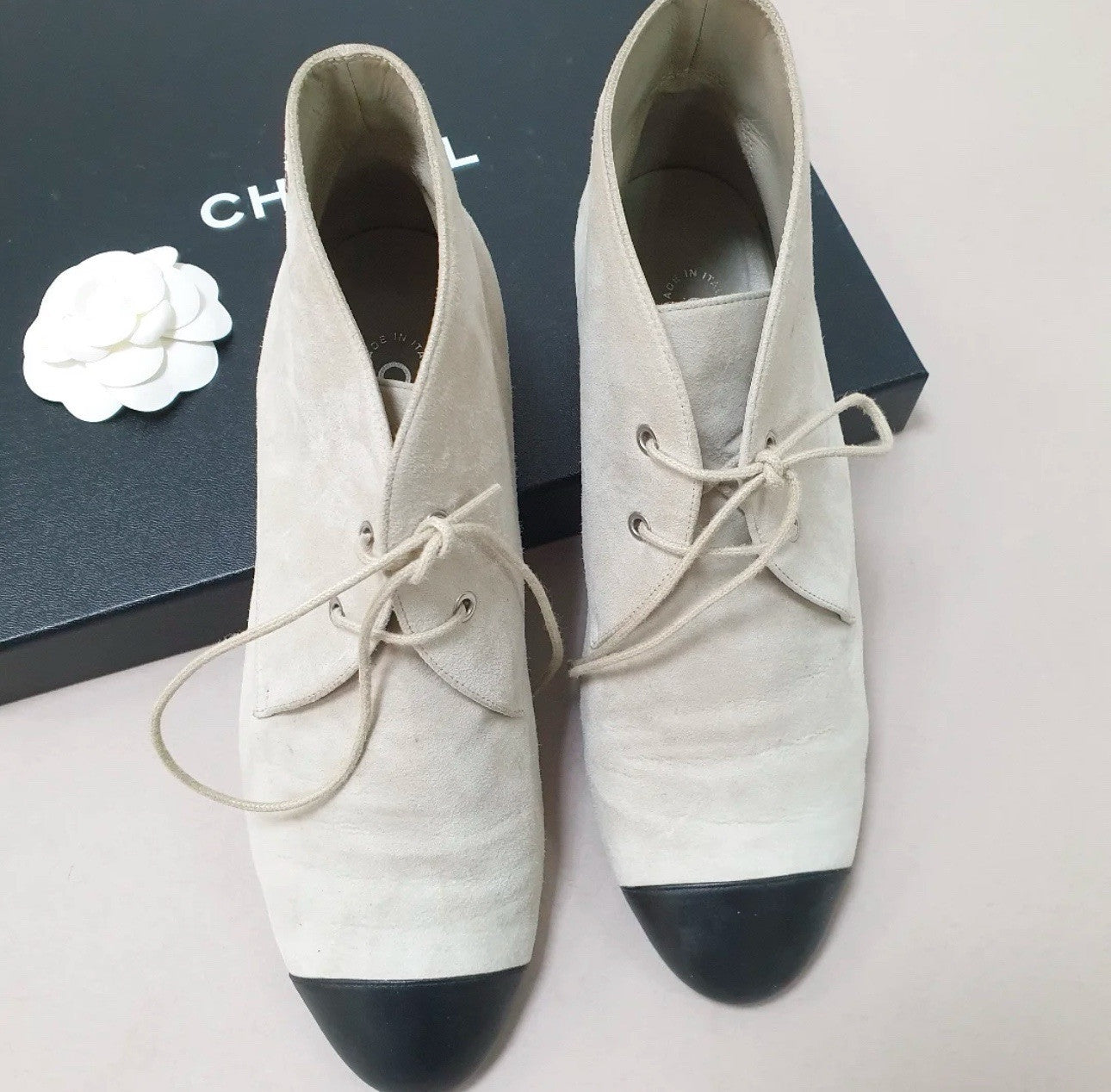 Chanel Gray Suede Lace Up Ankle Boots Booties Sz.39