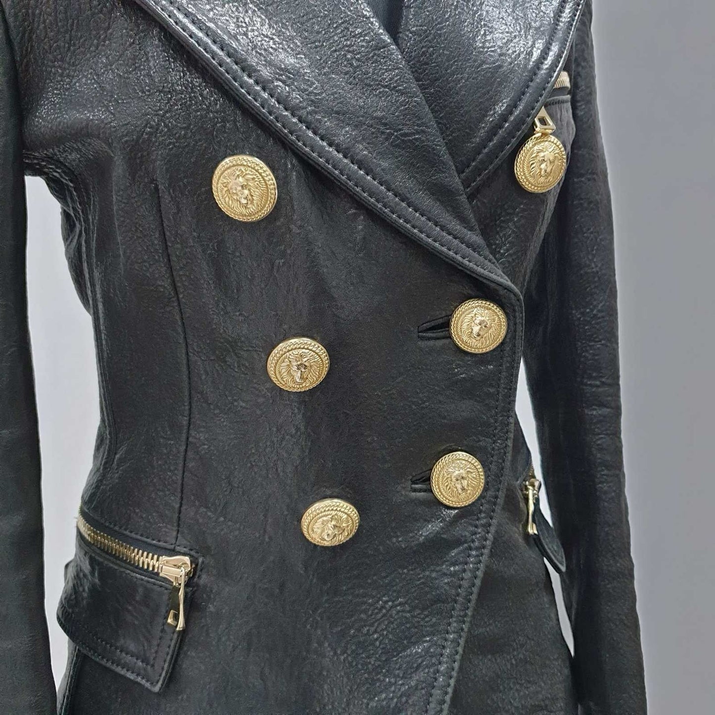 BALMAIN Black Grained Leather Double-Breasted Jacket Sz.38