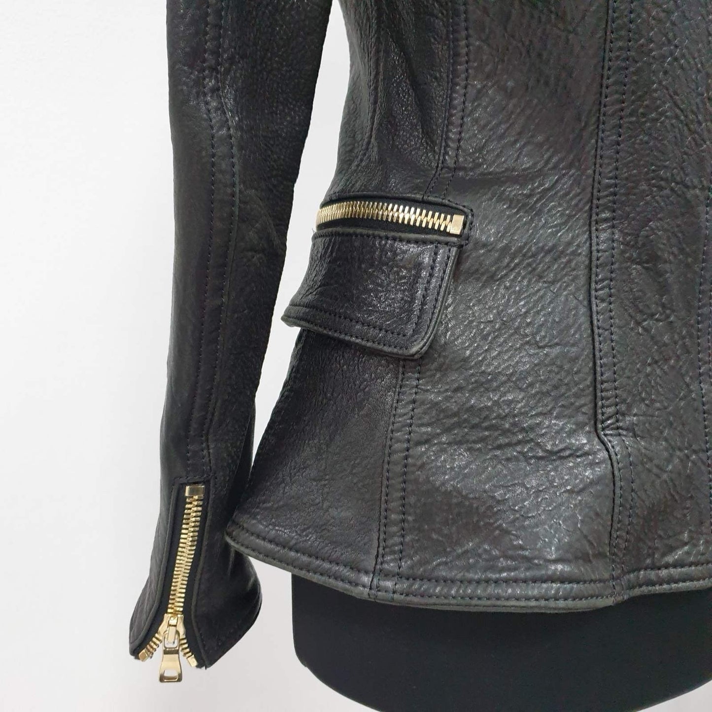 BALMAIN Black Grained Leather Double-Breasted Jacket Sz.38