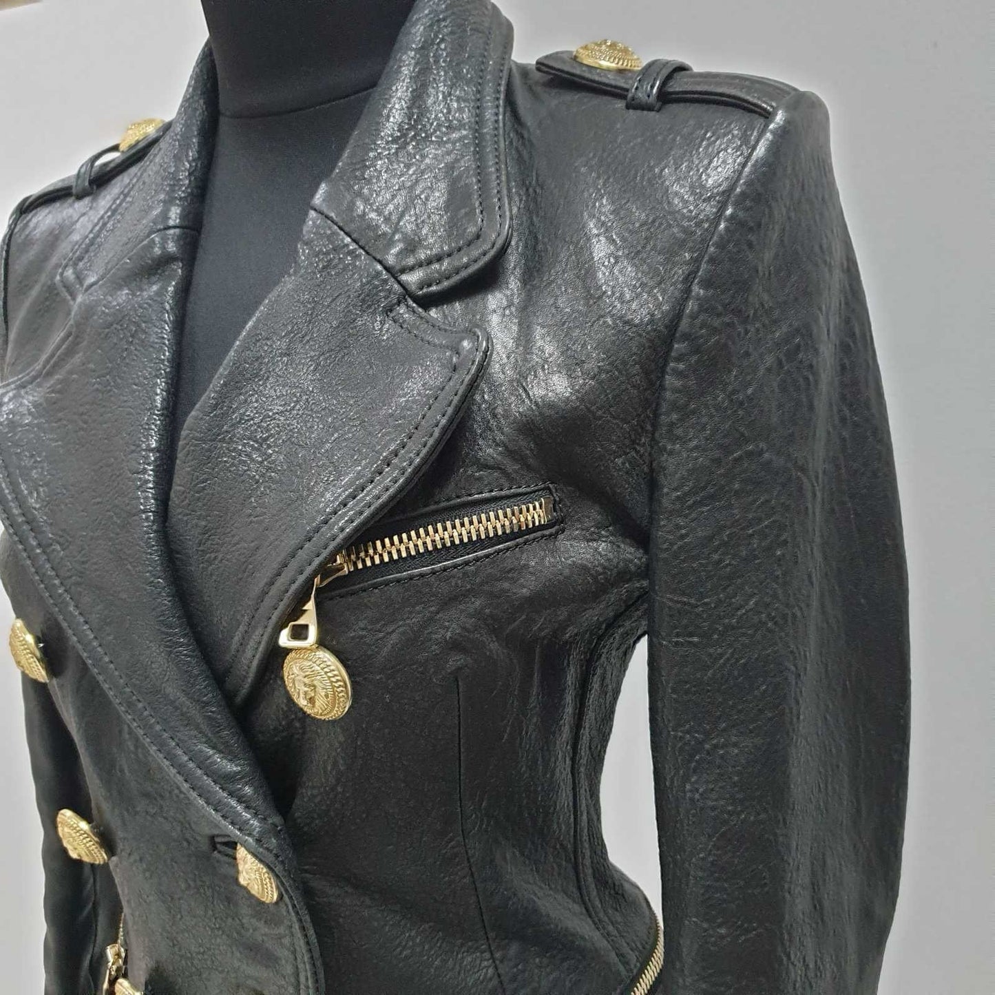 BALMAIN Black Grained Leather Double-Breasted Jacket Sz.38