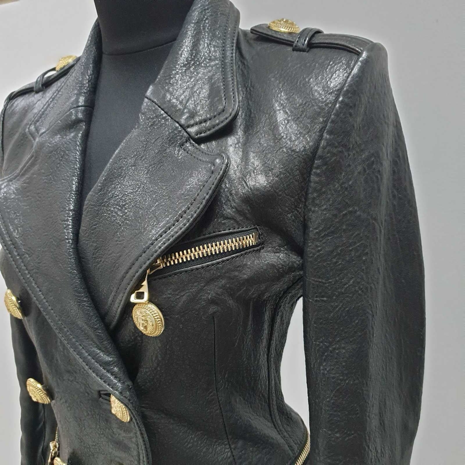 BALMAIN Black Grained Leather Double-Breasted Jacket Sz.38
