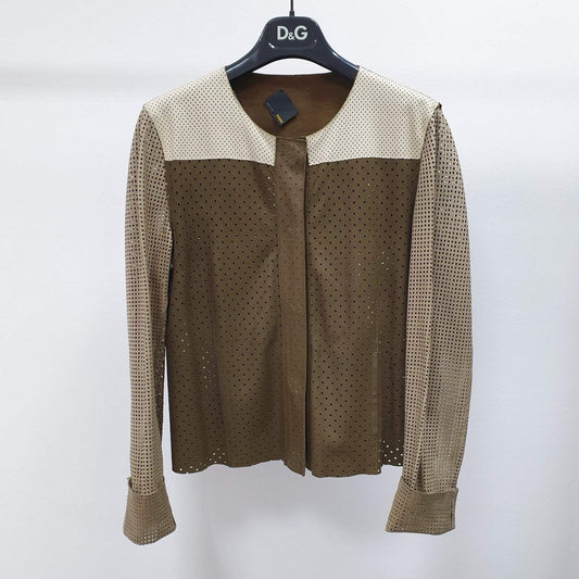 Fendi Brown Beige Ivory Perforated Leather Moto Jacket Sz.40
