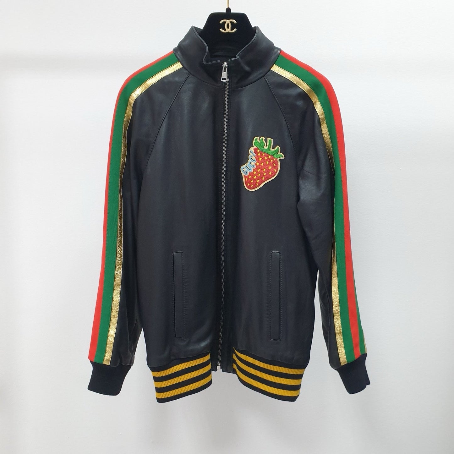 Gucci Black Leather Strawberry Patch Track JacketSz.40
