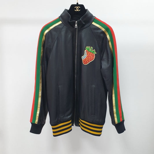 Gucci Black Leather Strawberry Patch Track JacketSz.40