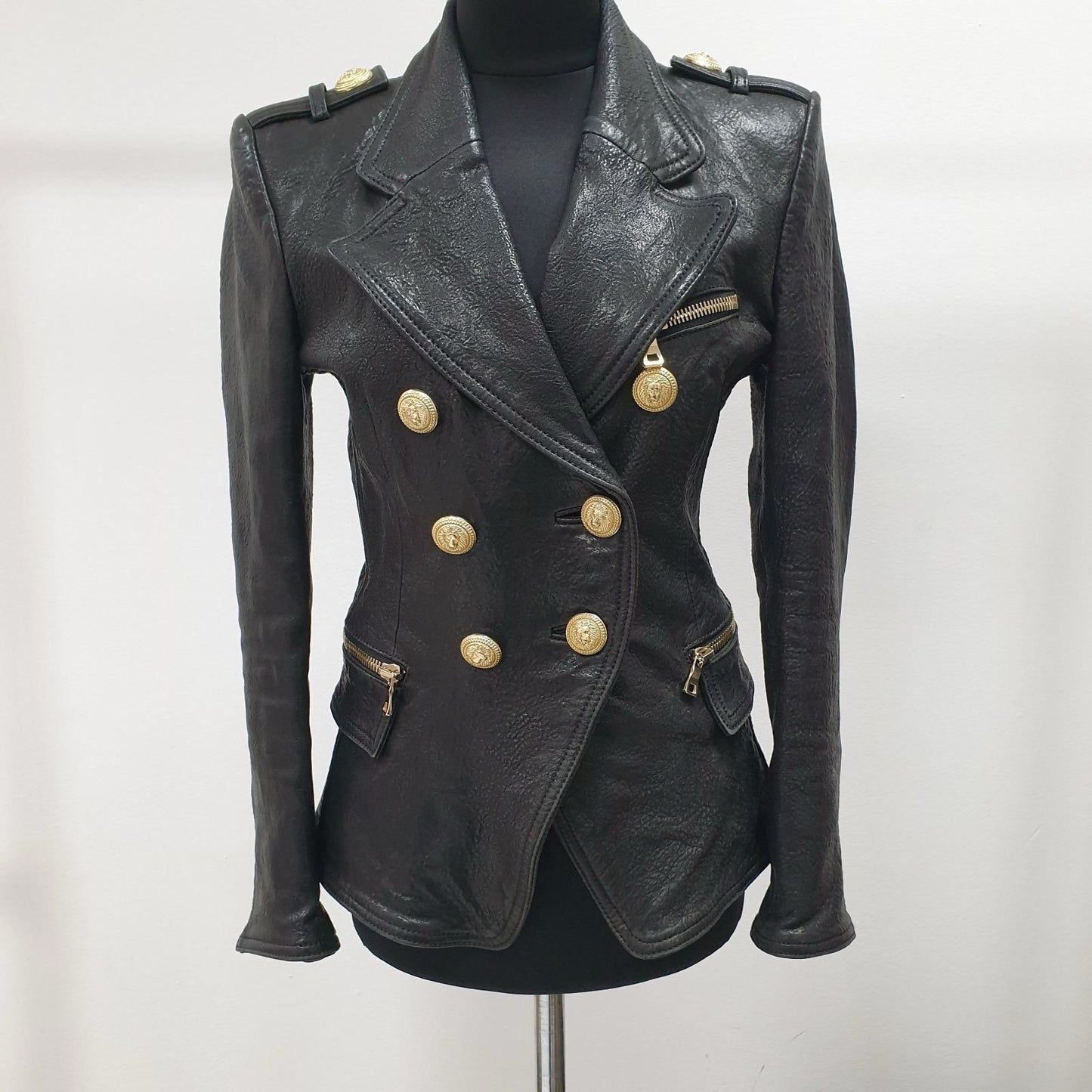 BALMAIN Black Grained Leather Double-Breasted Jacket Sz.38